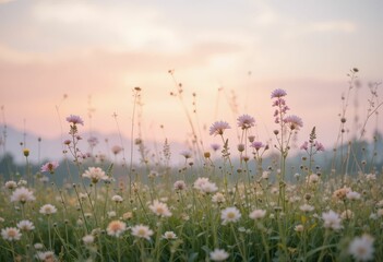 Serene Meadow with Colorful Flowers Under Soft Sunset Sky