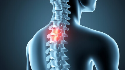 3D medical illustration of a human spine with a highlighted neck area.
