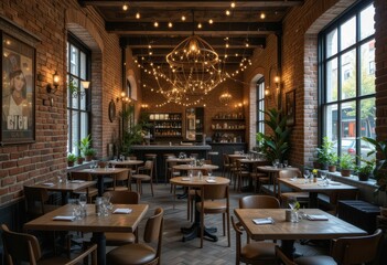 Elegant interior design of a cozy modern restaurant with lights