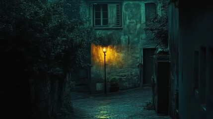 Obraz premium A lonely street at midnight, with shadows stretching long and a flickering streetlamp casting a dim glow 