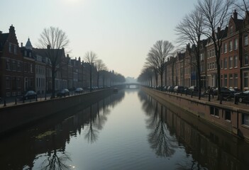 Obraz premium Serene Canal Reflections in Historic Dutch Architecture Under Mist