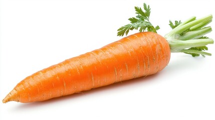 A single fresh carrot with green leaves sits isolated