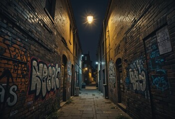 Fototapeta premium Urban alleyway at night with graffiti and warm street lighting