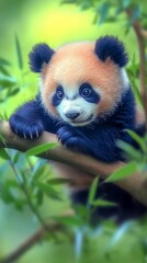 Obraz premium Fluffy Baby Panda Climbing a Tree Surrounded by Greenery