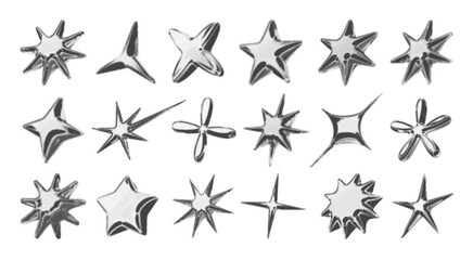 Y2k 3d chrome halftone stars shape retro abstract elements vector illustration set. Chrome silver 3d metallic halftone semitone retro effect collection. Y2k space various star retro futuristic shapes.
