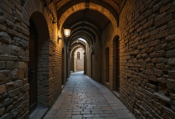 Obraz premium Serene Historic Alleyway with Brick Walls and Soft Lantern Light