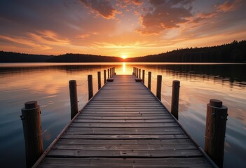 Fototapeta premium Serene Sunset Over Calm Lake with Pier and Vibrant Sky Colors