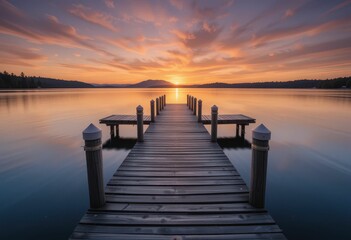 Obraz premium Serene Sunset Over Calm Waters from a Wooden Dock Near Mountains