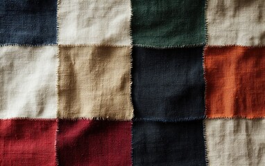 Close-up view of a multicolored textile sample featuring a patchwork design with various textures and shades of colors. The image showcases different fabric types, each square displaying unique