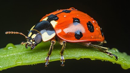 Obraz premium Ladybug on a Leaf with Water Droplets