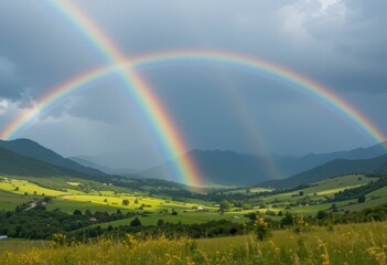 Naklejka premium Stunning Dual Rainbow Over Lush Green Valley in Majestic Mountains