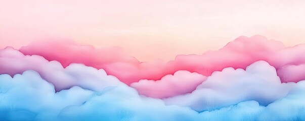 Digital watercolor painting abstract background concept. A serene view of pastel clouds blending in shades of pink and blue during sunset.