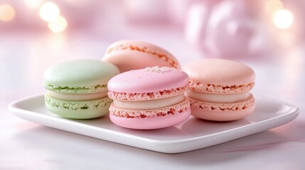 Obraz premium Delightful selection of artisanal macarons in pastel shades presented on a porcelain plate with elegant styling