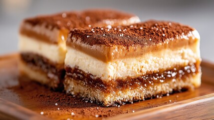 Indulging in a luxurious tiramisu slice with rich layers of mascarpone and coffee flavors on a rustic wooden plate