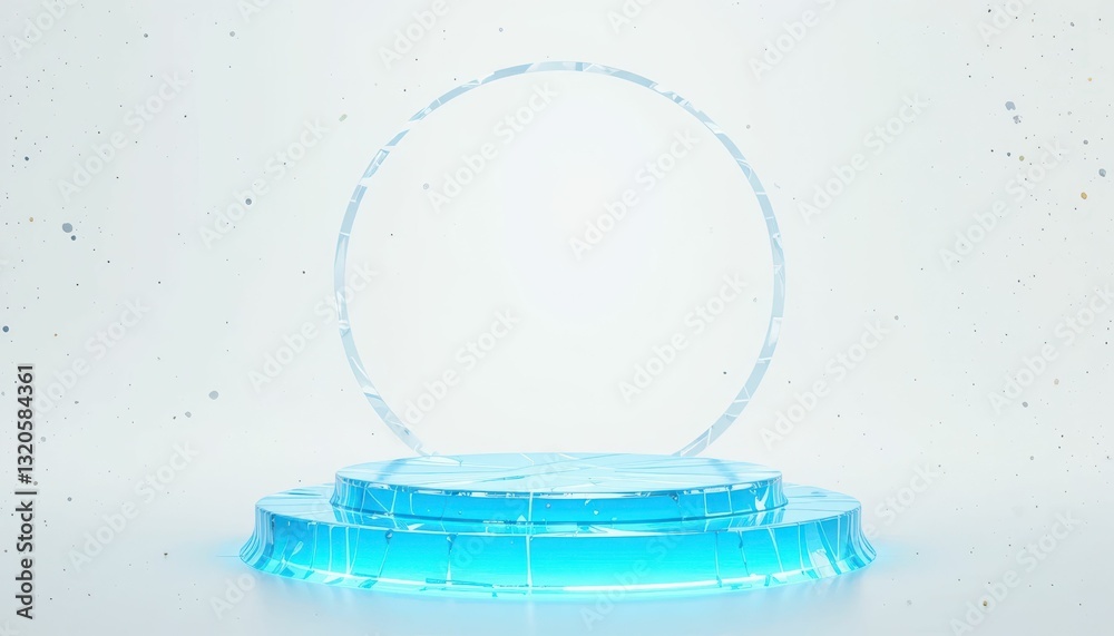 Poster glass display platform with circular frame on a light background