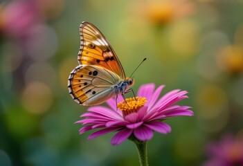 Fototapeta premium Vibrant Butterfly Perched on Colorful Flower in Garden Setting