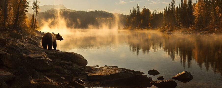 A solitary brown bear stands near a misty lake at dawn