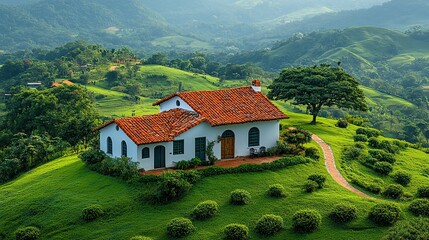 Breathtaking aerial view captures a solitary white house on a vibrant green hill in Colombia's natural beauty.