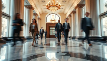 Business People Walking in Elegant Office Lobby with Bright Lighting