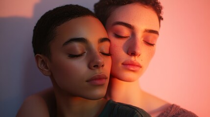 Obraz premium Intimate Portrait of Two Women with Closed Eyes Embracing in Soft Warm Light