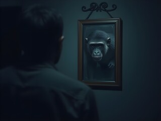 Person watching his reflection of a monkey in mirror