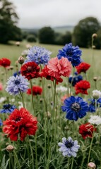Fototapeta premium Colorful flowers in a field, with a blurred background of trees and hills. Possible use for greeting cards, backgrounds