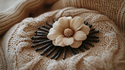 Beige Knitted Sweater with Floral Brooch