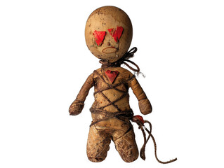 Voodoo Doll: A macabre artwork depicting a bound and distressed voodoo doll with red heart-shaped eyes and chest.