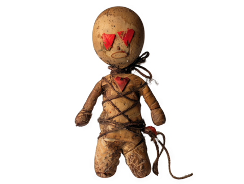 Voodoo Doll: A macabre artwork depicting a bound and distressed voodoo doll with red heart-shaped eyes and chest.
