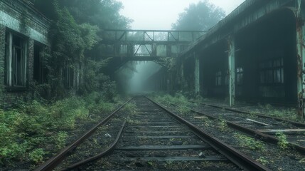 An empty, forgotten railway station with overgrown plants and rusting tracks disappearing into the mist