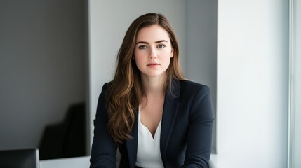 Young female executive exudes confidence in a navy blazer, seated at a modern desk, embodying professionalism and leadership.

