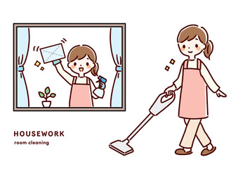 掃除をする女性の手描きイラスト