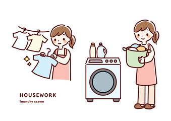洗濯する女性の手描きイラスト © AKIYU
