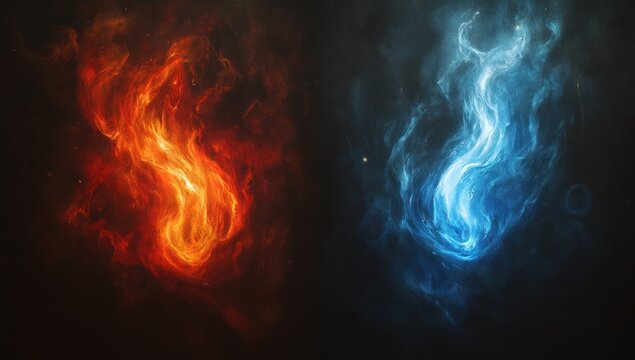 Abstract fire and ice, dark background, contrasting elements