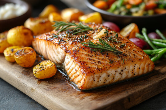 Delicious grilled salmon with vegetables and herbs