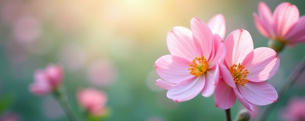 Fototapeta premium Soft pastel spring flowers on a blurred background, flowers, seasonal, colorful