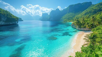 Fototapeta premium Breathtaking view of a tropical paradise with white sand beach, turquoise water, palm trees, and lush vegetation under a blue sky.