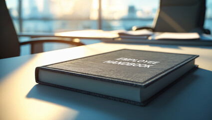 An Employee Handbook resting on a sleek office desk. The background is softly blurred, showing an office scene.
