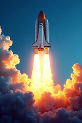 Space shuttle blasting off into the blue sky amidst clouds of smoke and fire, shuttle, launch, sky