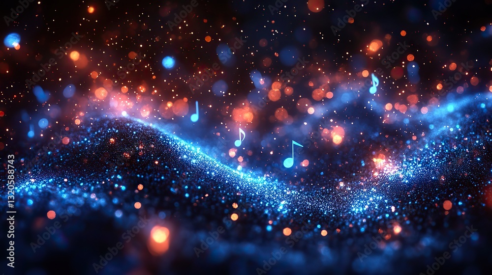 Poster bright blue music notes float and flow on a digital sound wave representing music composition and th