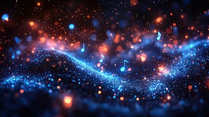 Obraz premium Bright blue music notes float and flow on a digital sound wave representing music composition and the power of sound.