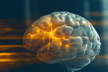 3D model of human brain with glowing neural connections. Digital visualization of brain function showing neural network and electrical activity with orange light effects against dark background.