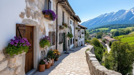 Naklejka premium Picturesque mountain village with winding streets and stunning Alpine view in the daytime