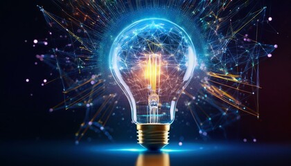 a vibrant double exposure image of a light bulb filled with digital lines and glowing particles creating an abstract representation of innovation and bright ideas against a dark backdrop