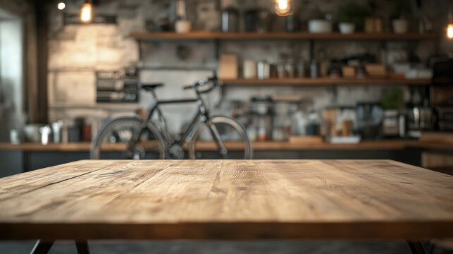 A rustic wooden table invites creativity, set in a stylish workspace. Tools and decor surround the backdrop, showcasing a bicycle, perfect for product montage opportunities