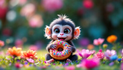 Fototapeta premium Cute Monkey Holding Donut in Flower Field, Happy Cartoon Character
