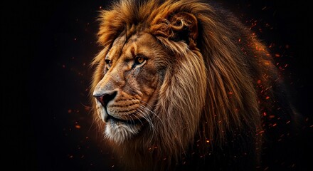 Naklejka premium Majestic Lion Portrait: Fiery Mane, Dark Background, Dramatic Art