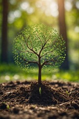 Sapling grows from earth, forming a tree silhouette against a blurred forest. Symbol of life, growth, and nature. for earth day content
