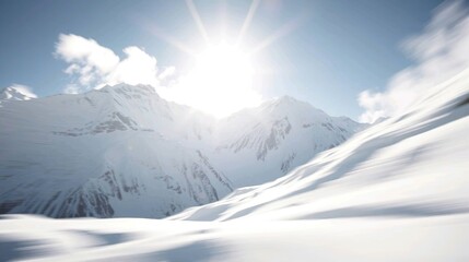 Fototapeta premium Capture the serene and majestic beauty of a snow-capped mountain landscape, with towering peaks glistening under a soft winter sun.