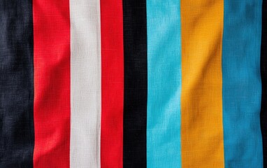 Abstract image of multicolored vertical stripes with a textured surface. The colors include red, white, black, light blue, and gold. The fabric-like texture shows creases and folds